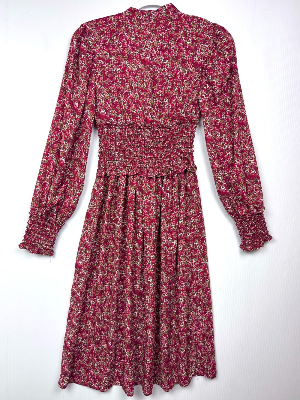 Max Studio Smocked Waist Midi Dress Red Floral Flowy V Neck Bow XS - Picture 6 of 10